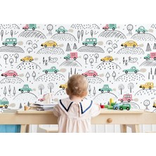 Renkli Arabalar Desenli Erkek Çocuk Odası Duvar KAĞIDI-5743