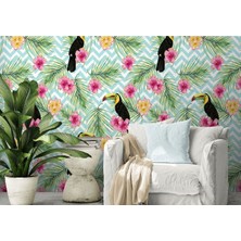 Tropikal Papağanlar Çiçekli Ağaç Yaprakları Duvar KAĞIDI-5570