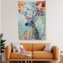 Renkli Çiçek Detaylı Geyik Dekoratif Duvar Örtüsü - HALISI-6196