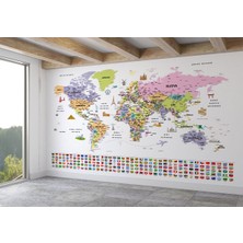 Ürkçe Dünya Haritası Ayrıntılı Eğitici Sembollü Bayraklı Dekoratif Duvar Kağıdı 2846