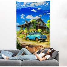 Şirin Ev Önündeki Mavi Araba Duvar ÖRTÜSÜ-7688