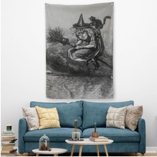 Süpürge ile Uçan Yaşlı Cadı ve Kedisi Cadılar Bayramı Hediyesi Hellowen Duvar Örtüsü Halısı 6304