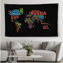 Siyah Zeminli Ülke Isimli Dünya Haritası Kanvas Duvar Örtüsü-Halısı 1015