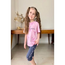 Fiyonk Desenli Kız Çocuk Pembe Renk Taytlı Takım