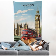 Londra Şehir Manzarası ve Kırmızı Otobüs Duvar ÖRTÜSÜ-7712