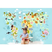 Dünya Haritası Çocuk ve Bebek Odası Hayvanlar Alemi Duvar KAĞIDI-3782
