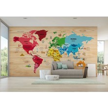 Ingilizce Dünya Haritası Duvar Kağıdı Ahşap Görünümlü Detaylı -2107