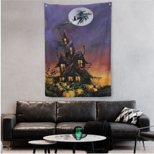 Süpürge Ile Uçan Cadı ve Kedisi Cadılar Bayramı Helloven Duvar Örtüsü - Halısı -6078