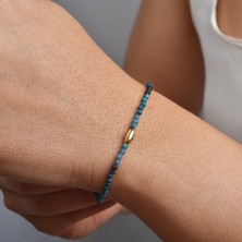14 Ayar Altın Kaplama Doğal Azurit 2,5 mm Fasetli Boncuklu Gümüş Bileklik - BGS00102