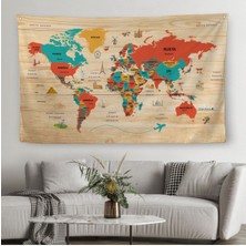 Ahşap Görünümlü Türkçe Eğitici Detaylı Atlası Dekoratif Dünya Haritası Duvar Örtüsü-Halısı 3867