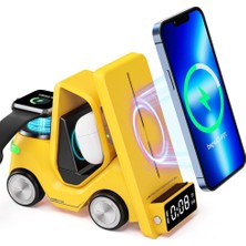 T20 15W Dijital Saatli Forklift Şekli 5in1 Masaüstü Kablosuz Magsafe Şarj Standı