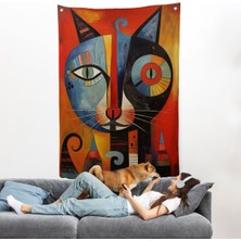 Pablo Picasso Tarzı - Soyut Renkli Kedi Duvar ÖRTÜSÜ-7371