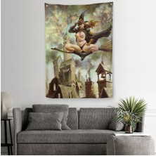 Çıplak Cadı Süpürgeye Biniyor, Cadılar Bayramı Gotik Sanatı, Duvar Örtüsü - HALISI-5288