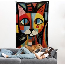 Pablo Picasso Tarzı - Soyut Renkli Kedi Duvar ÖRTÜSÜ-7374
