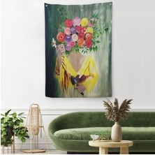 Çiçek Başlı Kadın Portresi Yağlıboya Görünüm Dekoratif Duvar Örtüsü - Halısı -5124