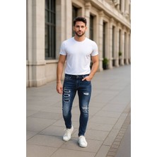 Blue White Erkek Skinny Fit  Destroy Koyu Mavi