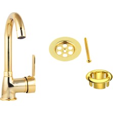 FKN Altın Delta Lavabo Bataryası Su Taşma Yüzüğü ve Lavabo Süzgeci Takımı