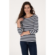 U.S. Polo Assn. Kadın Lacivert Çizgili Bisiklet Yaka Sweatshırt 50314203-VR033