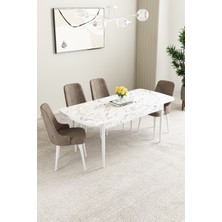 Mabel Beyaz Mermer Desen 80X132 Açılabilir Mdf Masa Yemek Odası Takımı,mutfak Takımı 4 Adet Sandalye
