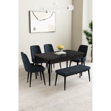 Mabel Siyah Mermer Desen 80X132 Açılabilir Mdf Masa Yemek Odası Takımı, Mutfak Takımı 4 Sandalye, 1 Bench
