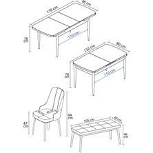Mabel Siyah Mermer Desen 80X132 Açılabilir Mdf Masa Yemek Odası Takımı, Mutfak Takımı 4 Sandalye, 1 Bench