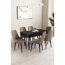 Mabel Siyah Mermer Desen 80X132 Açılabilir Mdf Masa Yemek Odası Takımı, Mutfak Takımı 6 Adet Sandalye
