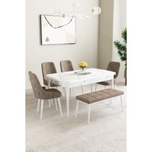 Mabel Beyaz Mermer 80X132 Açılabilir Mdf Masa Yemek Odası Takımı,mutfak Takımı 4 Sandalye, 1 Bench