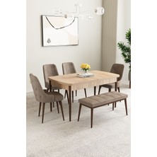 Mabel Meşe Desen 80X132 Açılabilir Mdf Masa Yemek Odası Takımı, Mutfak Takımı 4 Sandalye, 1 Bench