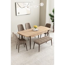 Mabel Meşe Desen 80X132 Açılabilir Mdf Masa Yemek Odası Takımı, Mutfak Takımı 4 Sandalye, 1 Bench