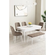 Mabel Beyaz 80X132 Açılabilir Mdf Masa Yemek Odası Takımı, Mutfak Takımı 4 Sandalye 1 Bench