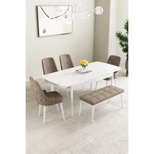 Mabel Beyaz 80X132 Açılabilir Mdf Masa Yemek Odası Takımı, Mutfak Takımı 4 Sandalye 1 Bench