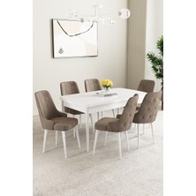 Mabel Beyaz 80X132 Açılabilir Mdf Masa Yemek Odası Takımı, Mutfak Takımı 6 Adet Sandalye