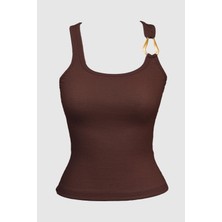 Cottonhill Kahverengi Pamuklu Kalın Askılı Fitilli Toka Detaylı Kadın Atlet