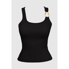 Cottonhill Siyah Pamuklu Kalın Askılı Fitilli Toka Detaylı Kadın Atlet