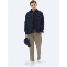 Lacivert Kareli Regular Fit Dokuma Yün Karışımlı Overshırt