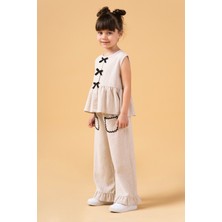 Minipodyum Kız Çocuk Fiyonk Detaylı Cepli Keten İkili Takım Yaz İçin Şık Seçim