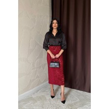 Bordo Pulpayetli Parlak Etek