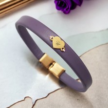 14 Ayar Plakalı Altın U Harfine Özel Doğal Mor Derili Kalp Motifli Hediye BILEKLIK-479HARF