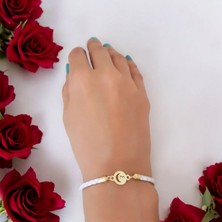 14 Ayar Altın Plakalı E Harfine Özel Doğal Beyaz Derili Ay Motifli Hediye BILEKLIK-477HARF