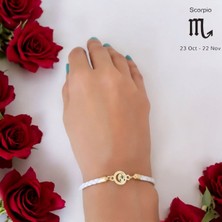 Altın Plakalı 14 Ayar Akrep Burçlarına Özel Ay Motifli Doğal Beyaz Derili Hediye BILEKLIK-477BURÇ