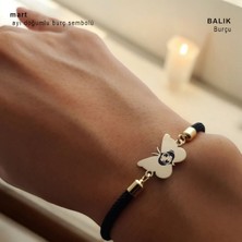 14 Ayar Altın Plakalı Balık Burçlarına Özel Siyah Örgü Ipli Kelebek Motifli Hediye BILEKLIK-480BURÇ