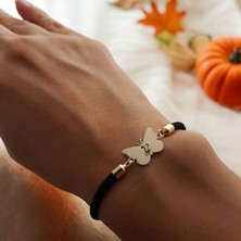 Altın Plakalı 14 Ayar B Harfine Özel Kelebek Motifli Siyah Örgü Ipli Hediye BILEKLIK-480HARF