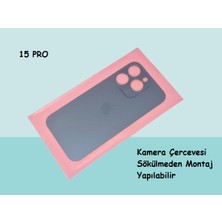 Tkgz - iPhone 15 Pro Arka Pil Batarya Kapağı - Cam Kapak Geniş Lens Deliği - Mavi