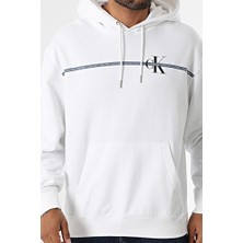 Erkek Regular Fit Şerit Grafik Baskılı Kapüşonlu Sweatshirt - Beyaz