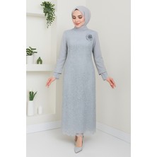 Kadın Giyim Abiye Moda File Pullu Güllü Tesettür Abiye Elbise 2517