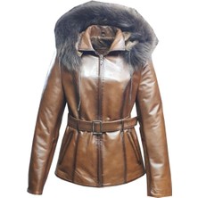 Hakiki Deri Kahverengi Kemerli Kürklü Kadın Ceket