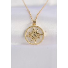 Sinerji Shop 316L Çelik Zincir Altın Renk Zirkon Taşlı Oval Tasarım Güneş Kolye - TJ-BKO8653