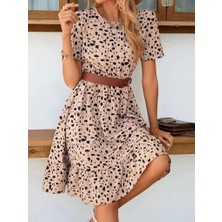 Kadın Kısa Kollu Bisiklet Yaka Desenli Süprem Elbise