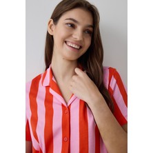 Penti Mercan Chill Days Çizgili Gömlek Yaka Pamuklu  Kısa Kollu Pijama Takımı