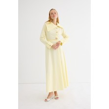 Broş Detaylı Asimetrik Yaka Poplin Elbise Soft Sarı